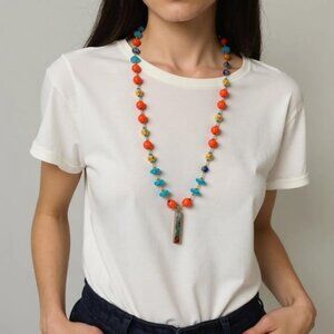 Sunset sky of vibrant Orange/Turquoise Sea glass boho link necklace. Medium leng